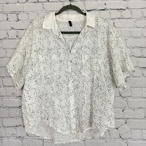 Inizio Linen White Dotted Camp Shirt Womens S High Low Short Sleeve Button Front